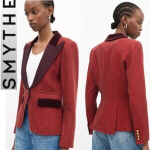Smythe Red Herringbone Velvet Trim Blazer Jacket Coat Size 8